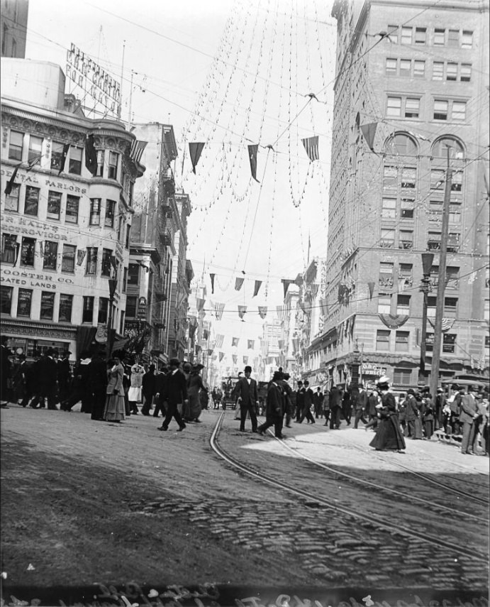 #85 Pedestrians crossing Kearny Street at Market, 1910.