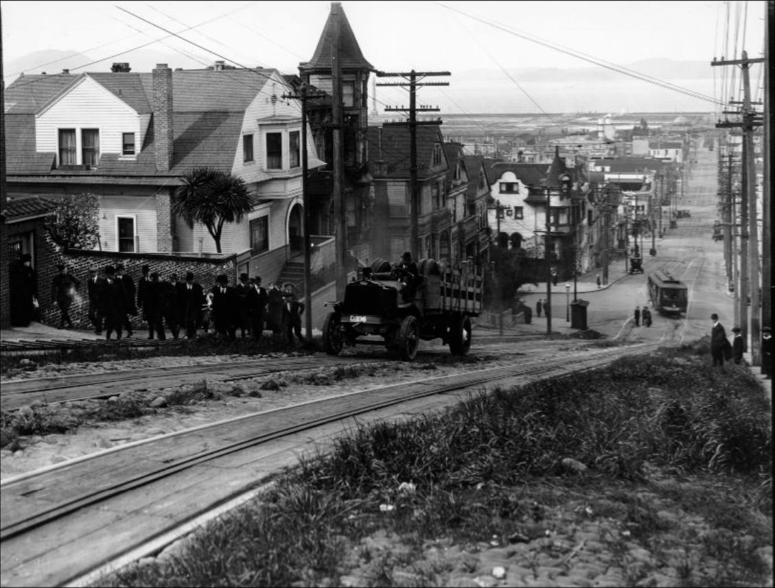 #86 Truck going up Fillmore Street hill in the 1910s.