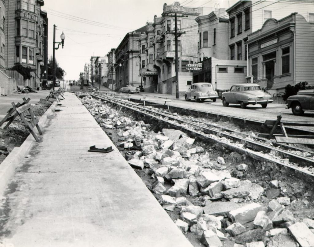 #70 Cable car construction on Sacramento Street, 1949