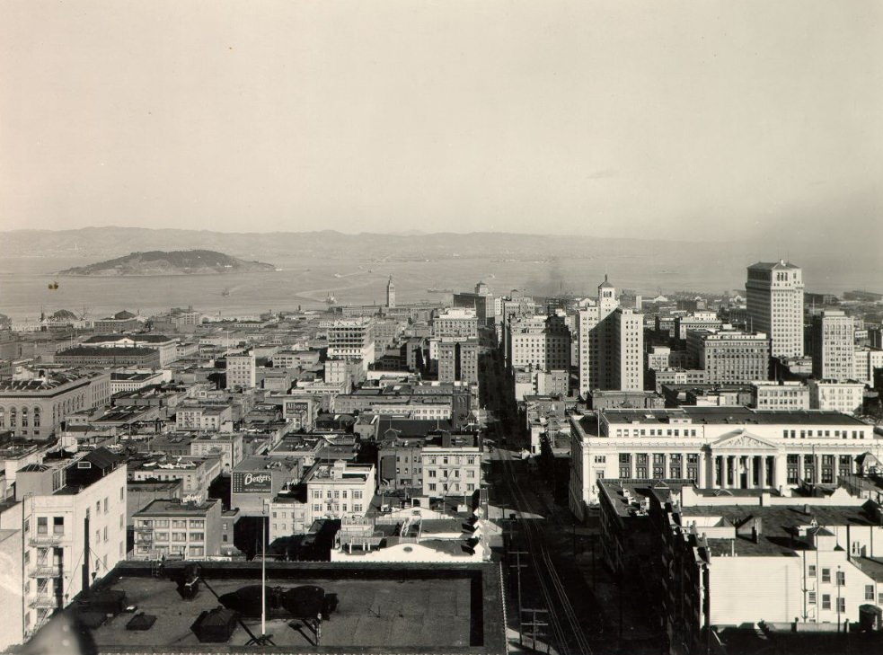 #130 Downtown San Francisco with Yerba Buena Island and bay in the 1920s