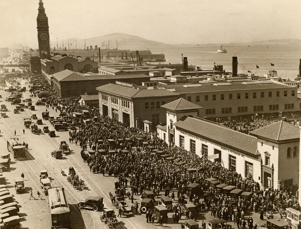 #38 Crowd of people on the Embarcadero, near the Ferry Building in 1924.