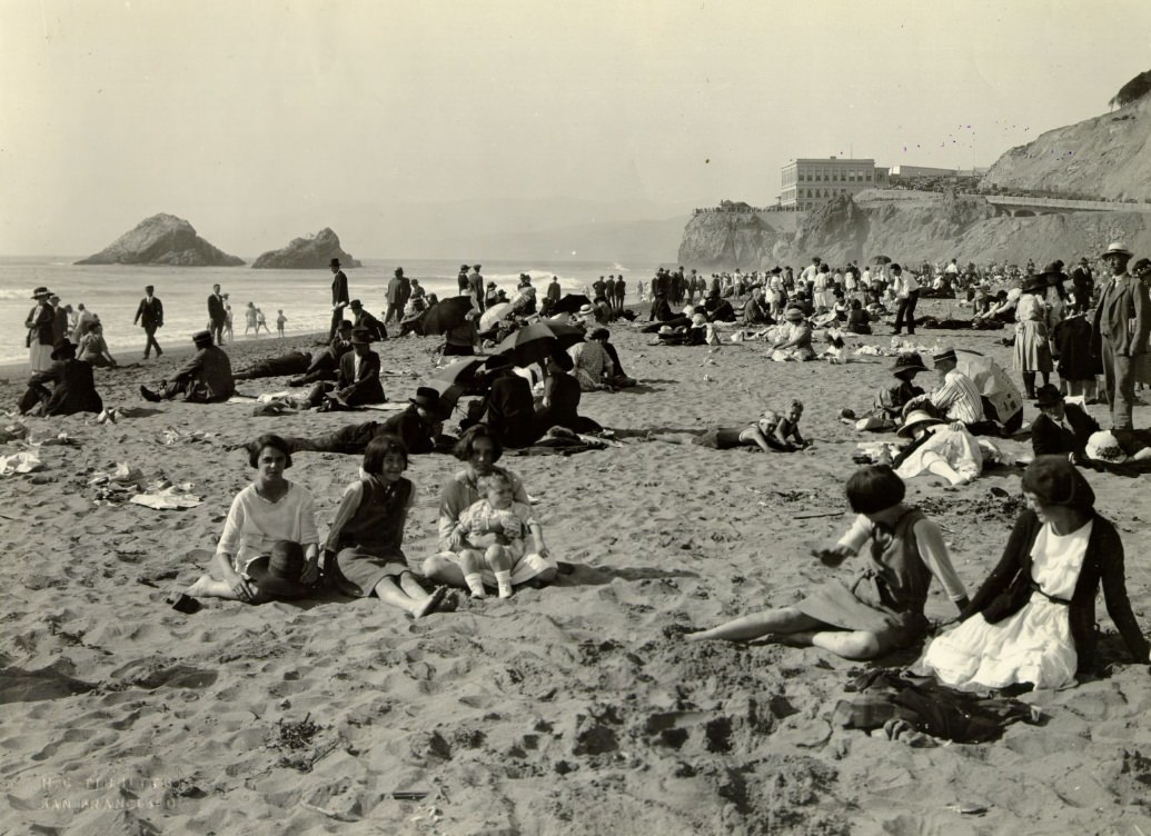 #57 Crowds gathering on Ocean Beach in the 1920s.