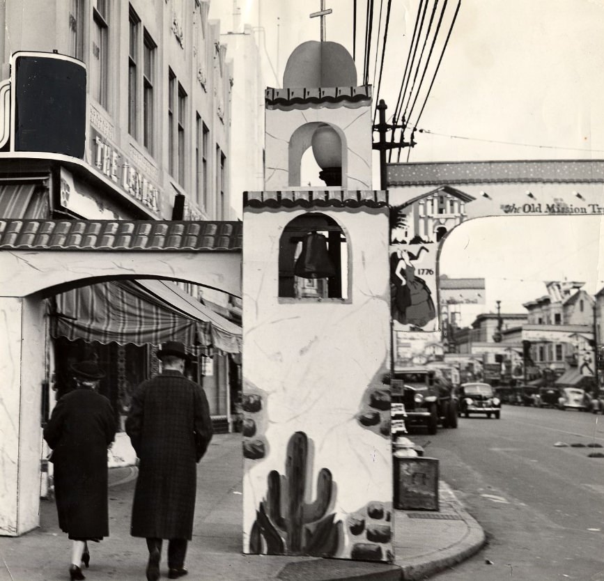 #107 Decorative arches and towers on Mission Street, 1939