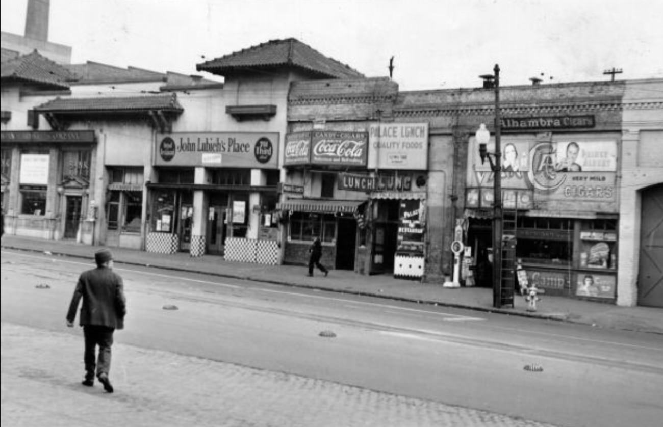 #125 Store fronts across from the Southern Pacific Station on Third at Townsend Streets, 1937