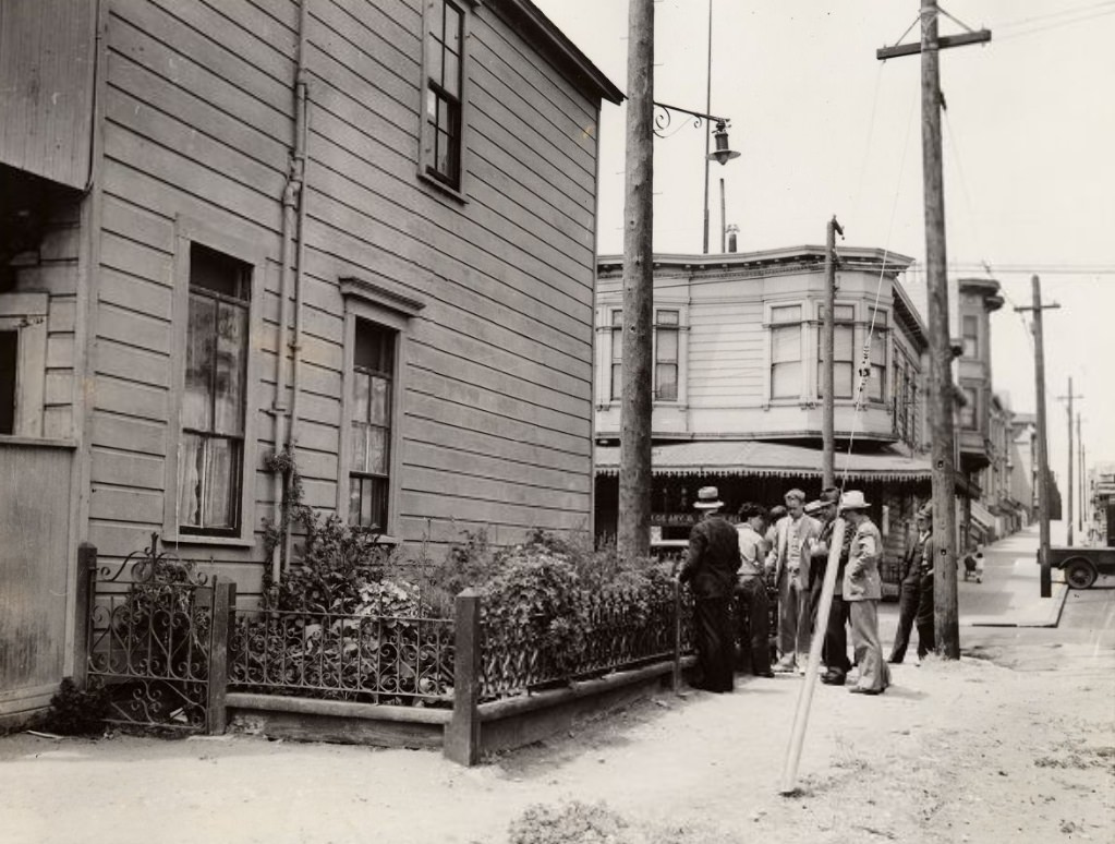 #131 Agents inspecting marijuana plants in front of Rinaldo Gotti’s home in the Mission District, 1935
