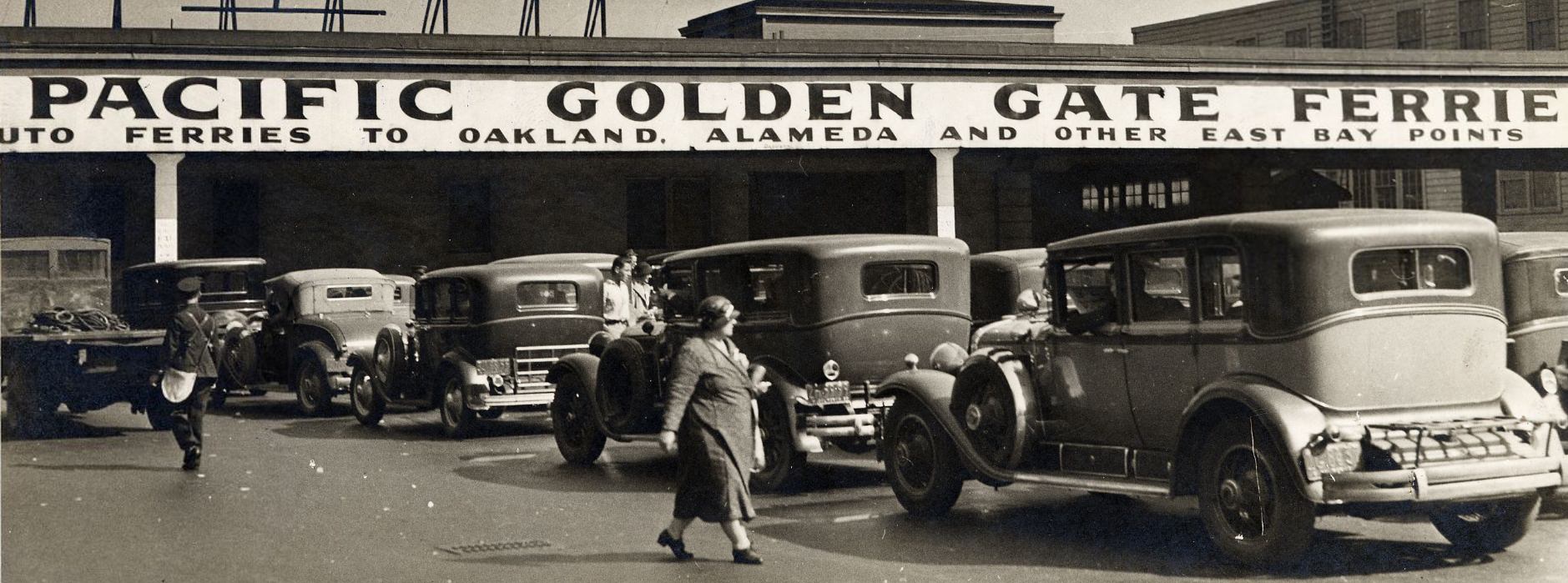 #157 Automobiles lined up to board ferry at the Ferry Building, 1933