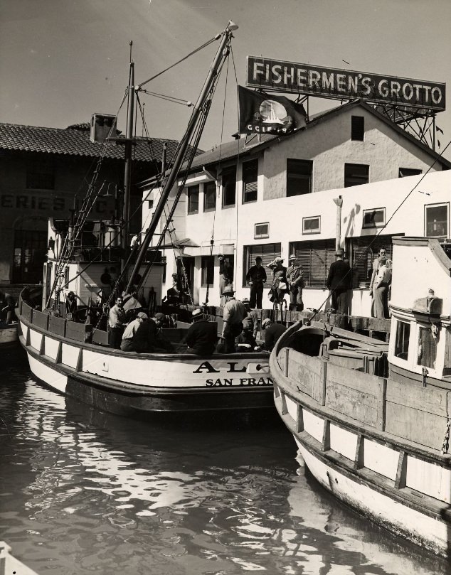 #172 Fishing boat outside of Fishermen’s Grotto at Fisherman’s Wharf, 1939