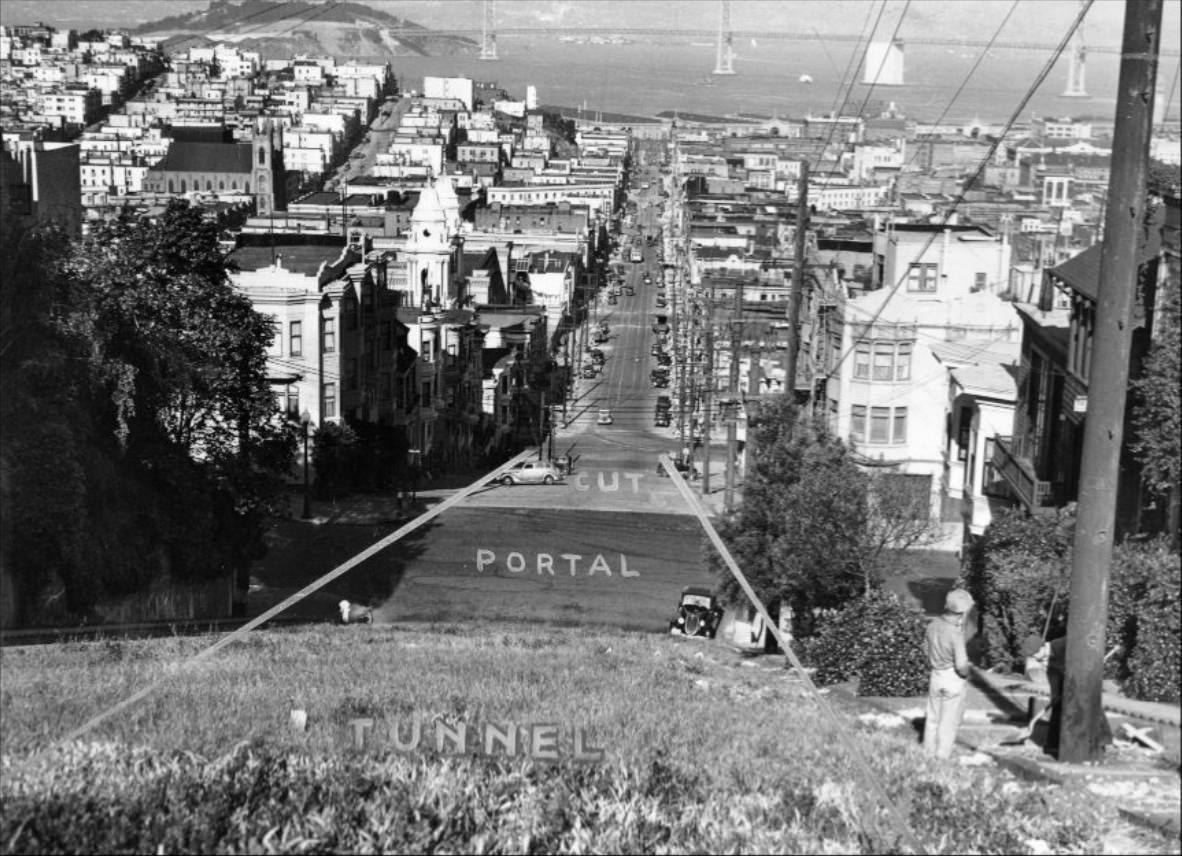 #18 View of Broadway, looking from atop the hill between Leavenworth and Jones, 1938