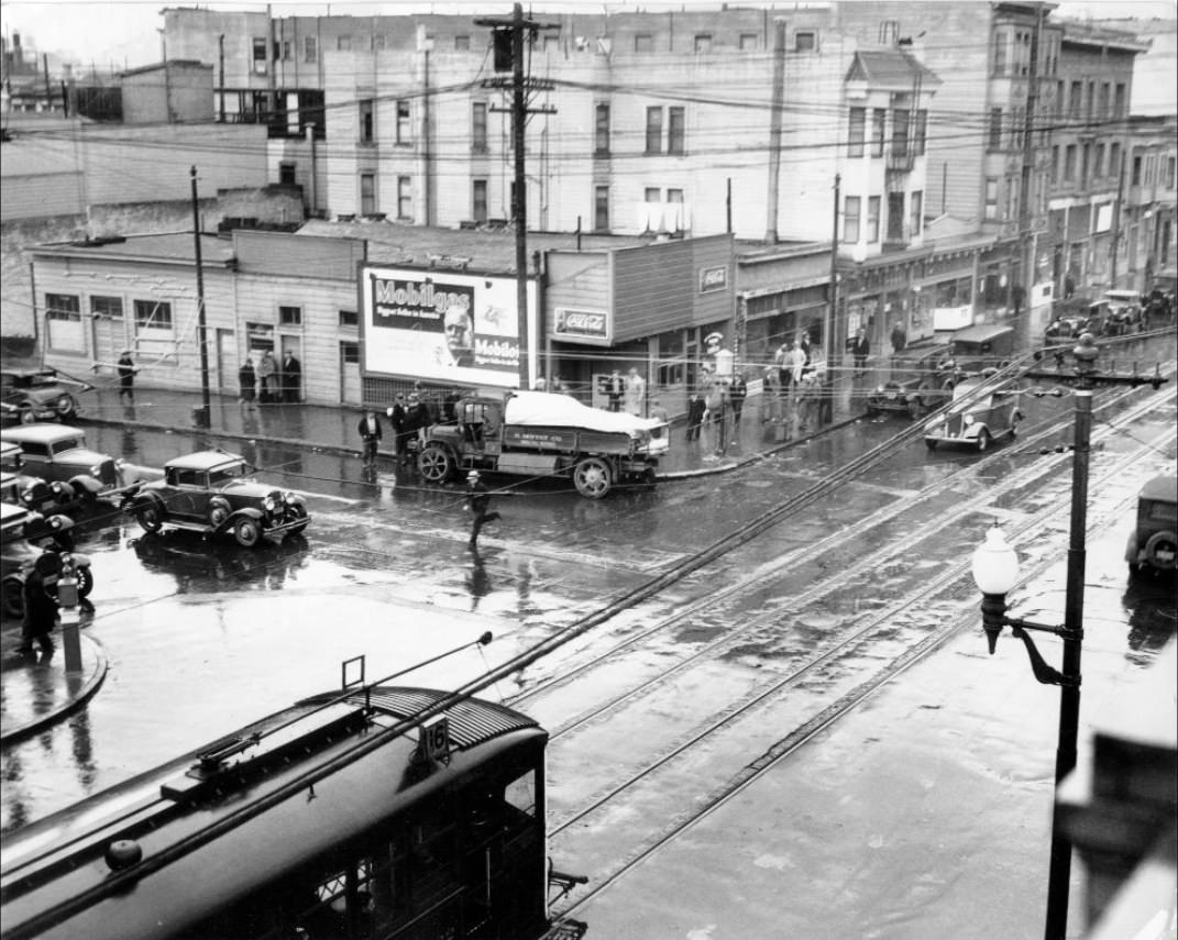 #28 Scene of automobile accident at Third and Harrison streets, 1936