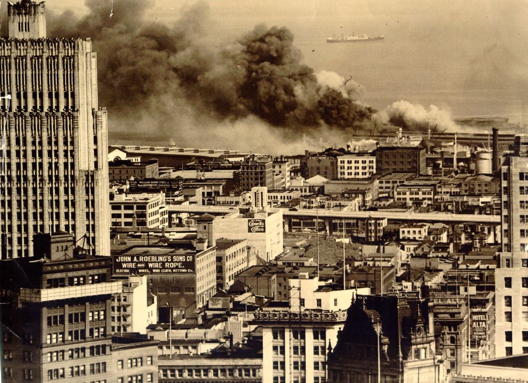 #32 Air view of fire at San Francisco piers, 1938