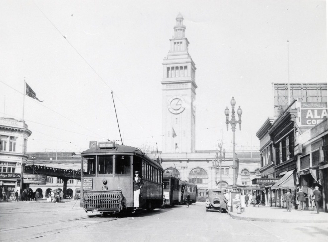 #48 K Ingleside streetcar in front of the Ferry Building in the 1930s