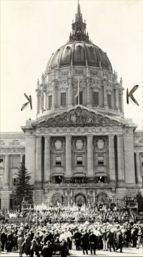 #90 Crowd of people gathering in front of City Hall for Constitution Day Exercises, 1935
