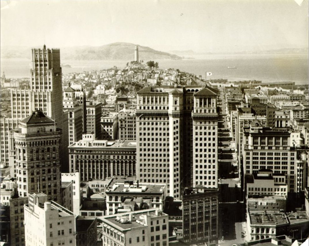 #105 View of downtown San Francisco with Telegraph Hill and bay in the background in the 1930s