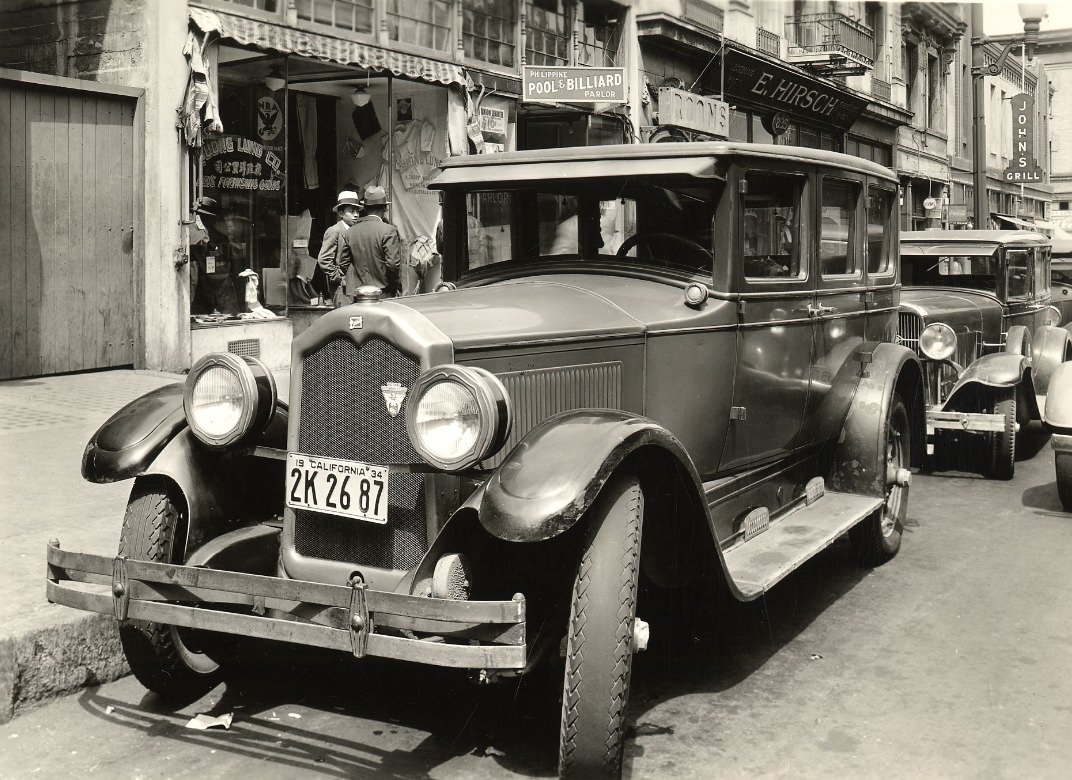 #108 Closeup of car parked on Kearny Street between Washington and Jackson streets, 1934