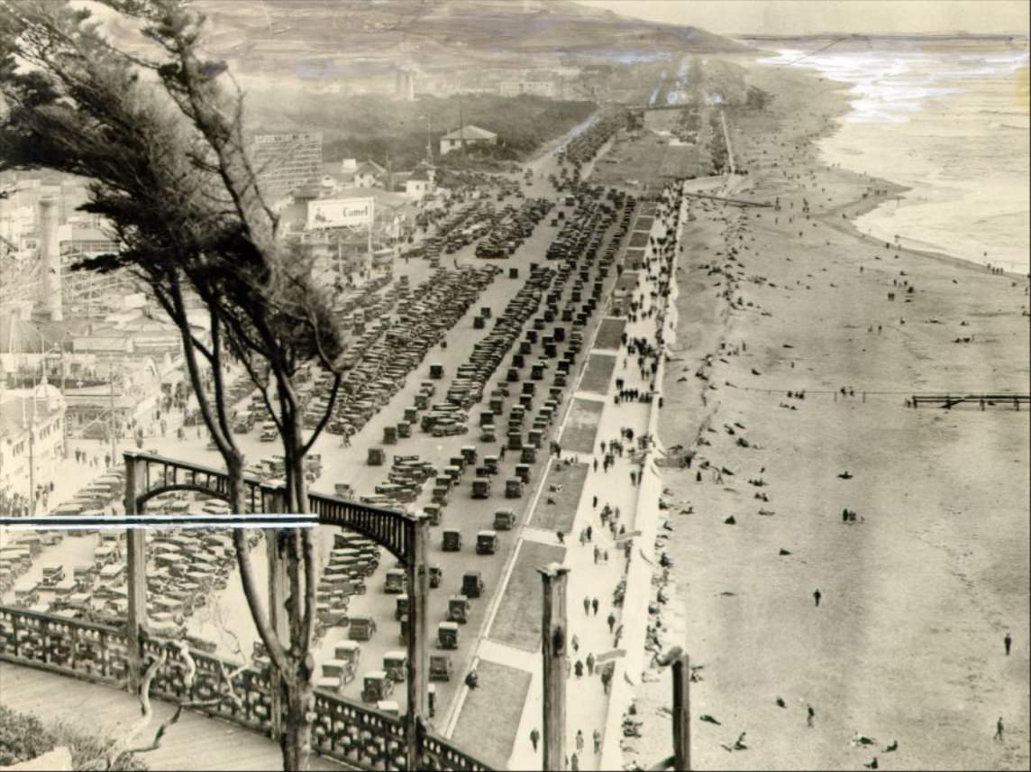 #138 Great Highway from Sutro Heights, Playland at the Beach on left, 1930s