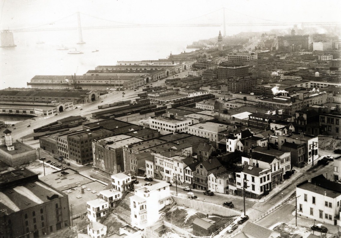 #150 The Embarcadero and the Bay Bridge viewed from Coit Tower, 1936