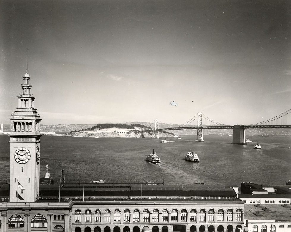 #175 View of Ferry Building with Yerba Buena Island and nearly completed Bay Bridge in the background, 1937