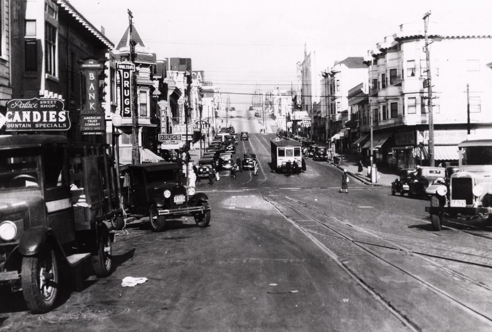#181 Castro and 18th street, showing Market St. rail car 951 at terminus of 8 line, 1932