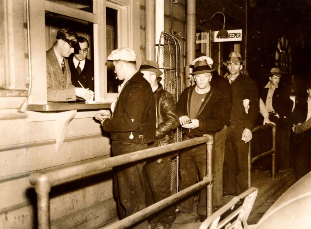 #88 Men waiting in line at the waterfront, 1938