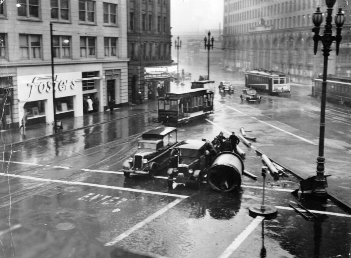 #114 Stormy day at the scene of an accident on California Street, 1943