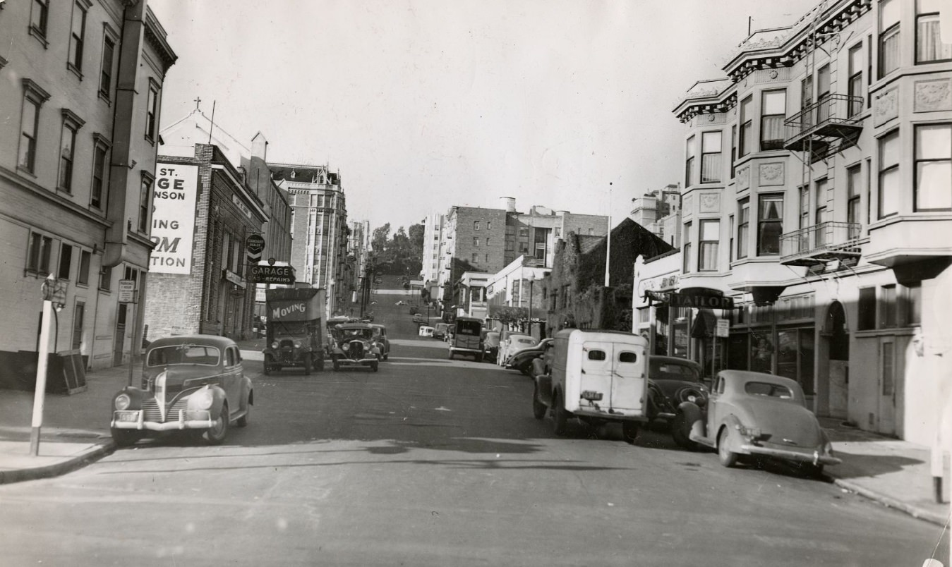 #148 Cars double parked on Clay Street between Polk and Van Ness, 1945