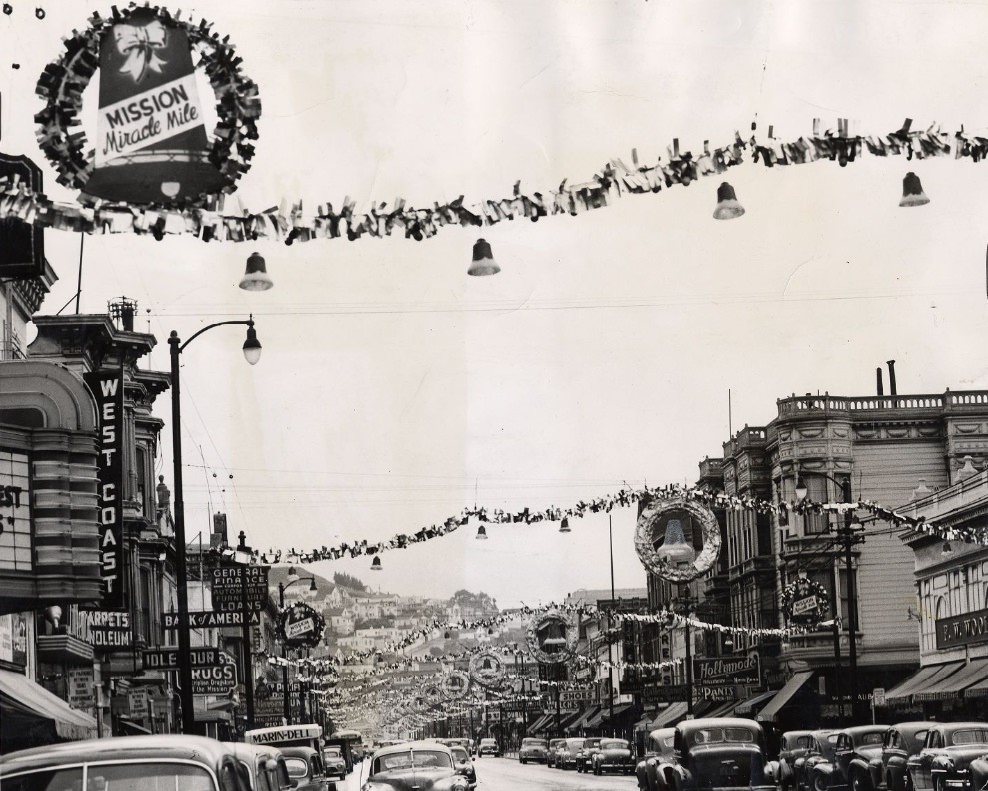 #165 Christmas decorations on Mission Street, 1949