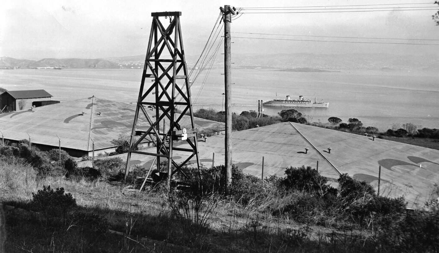 #199 View of two water reservoirs and Fort McDowell Army base on Angel Island, 1948