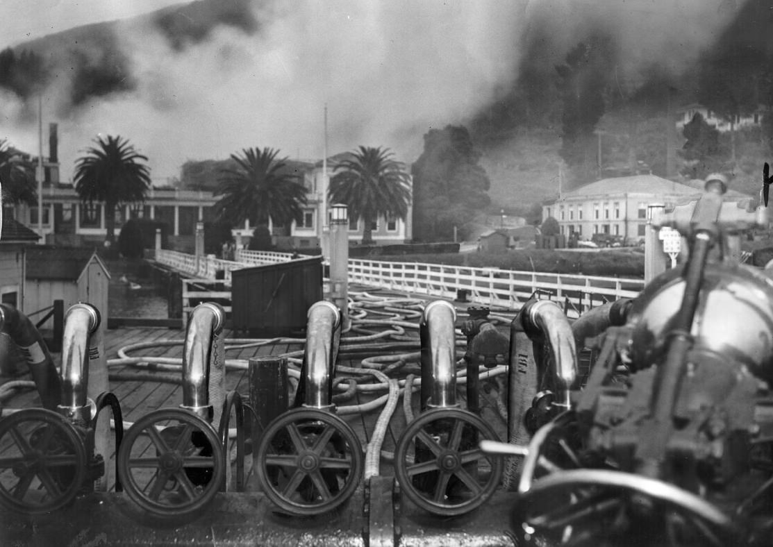 #205 Angel Island Administration building fire viewed from fire boat Dennis T. Sullivan, 1940