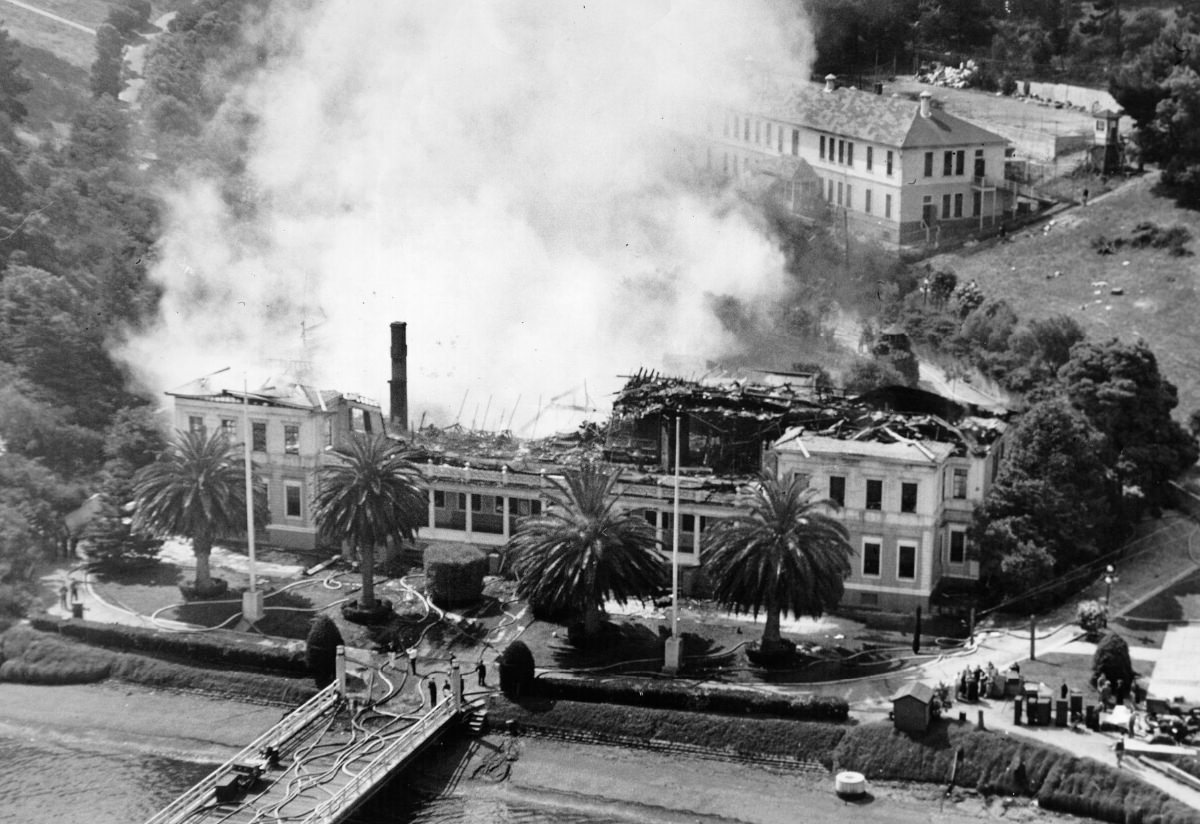 #208 Burning administration building on Angel Island, 1940