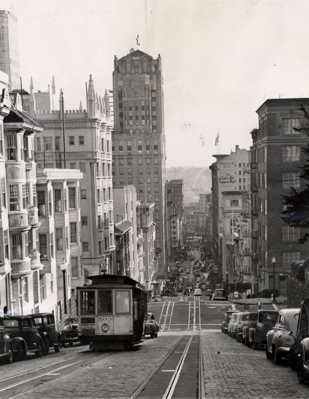 #227 Cable car ascending Powell Street hill, 1947