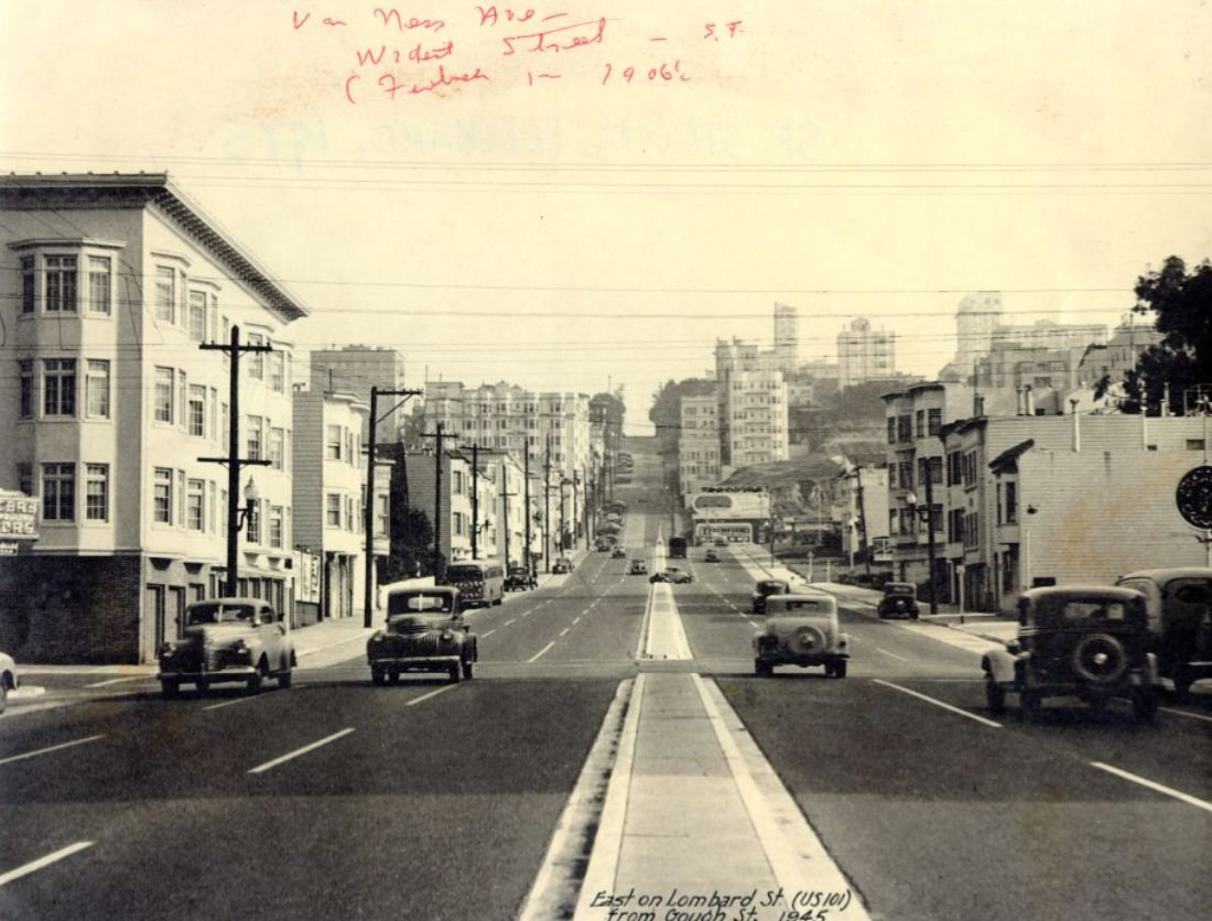 #235 East on Lombard Street (US 101) from Gough Street, 1945