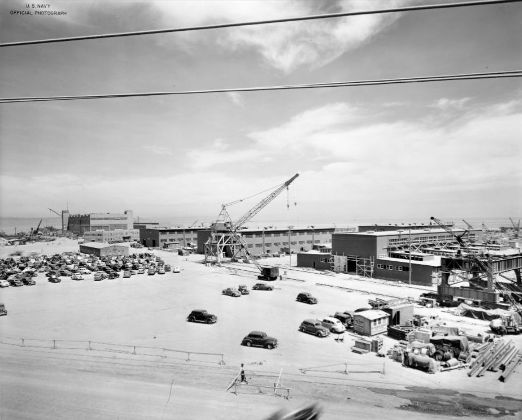 #32 View of new shops and cranes under construction at Hunters Point Naval Drydocks, 1943