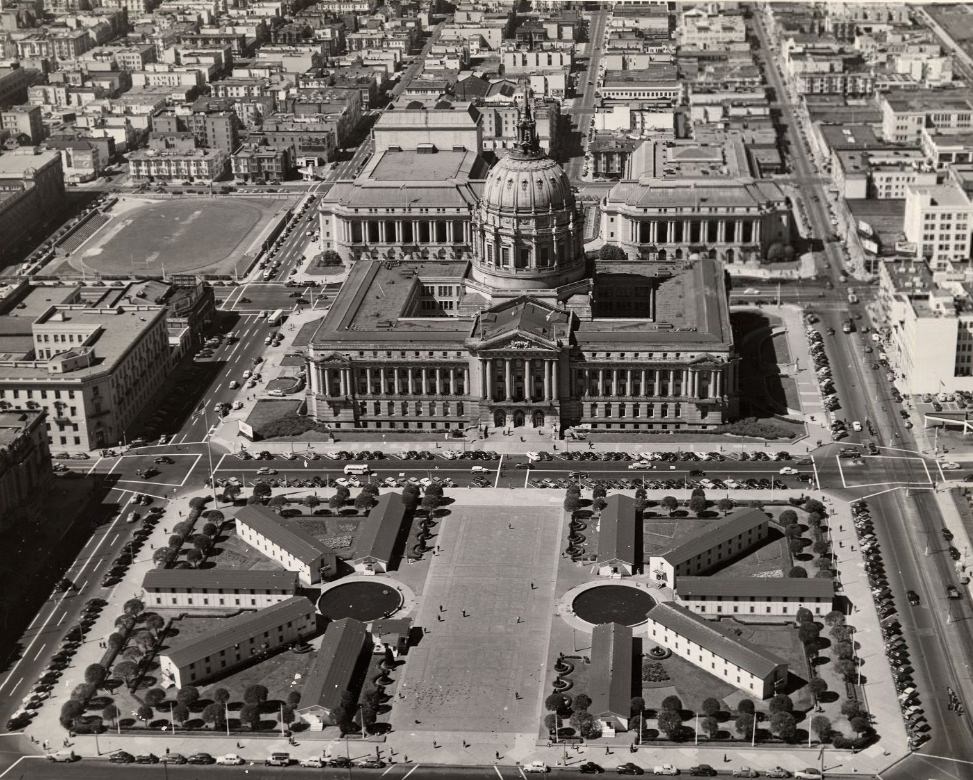 #8 Aerial view of City Hall and Civic Center, 1945