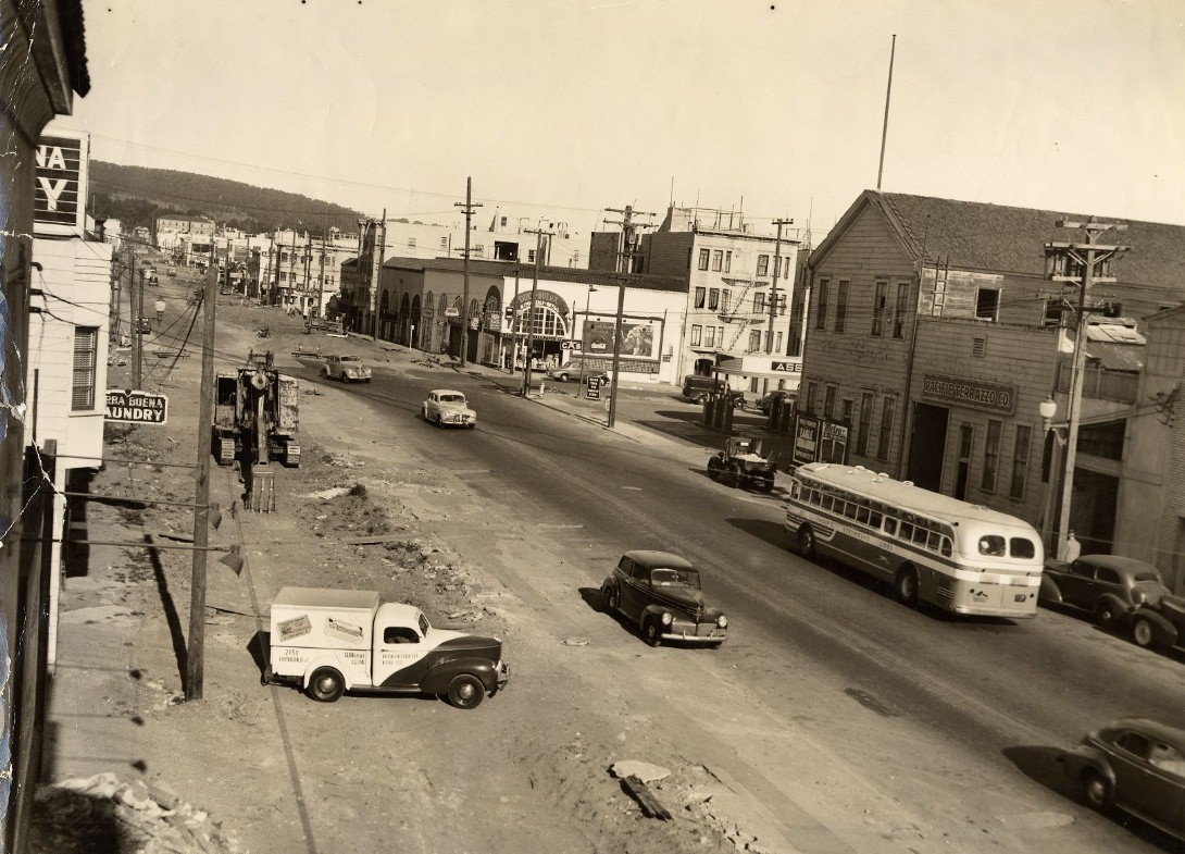 #21 Lombard Street from Fillmore during widening project, 1942