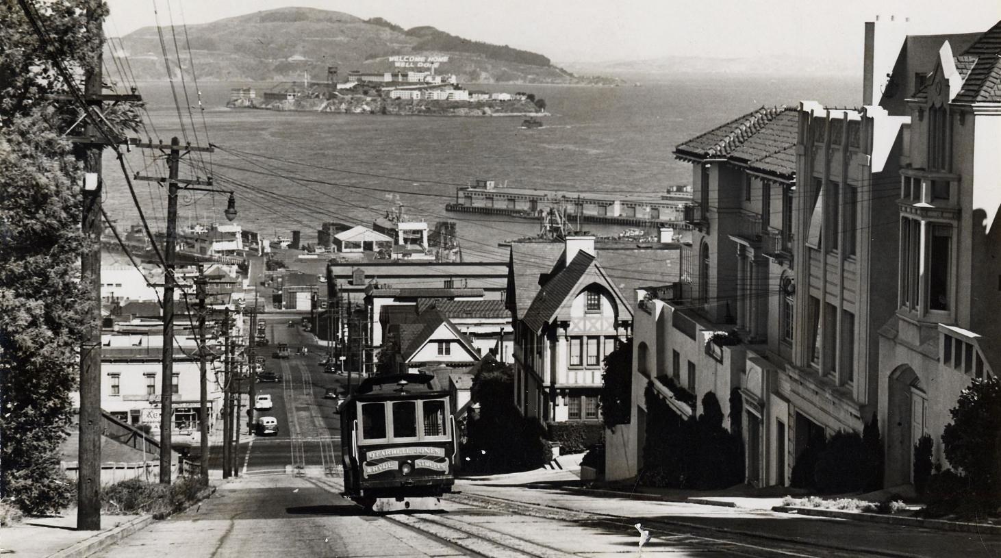 #29 Looking down Hyde Street towards Alcatraz, 1945