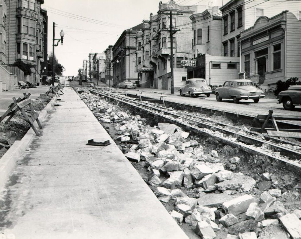 #89 Cable car construction on Sacramento Street, 1949
