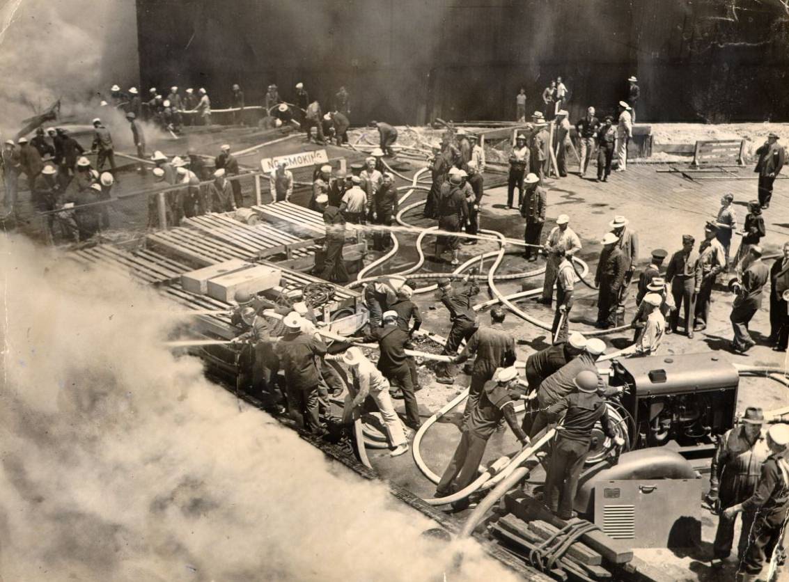 #108 Firemen fighting fire at United Fruit Company Pier at Third and Channel streets, 1943