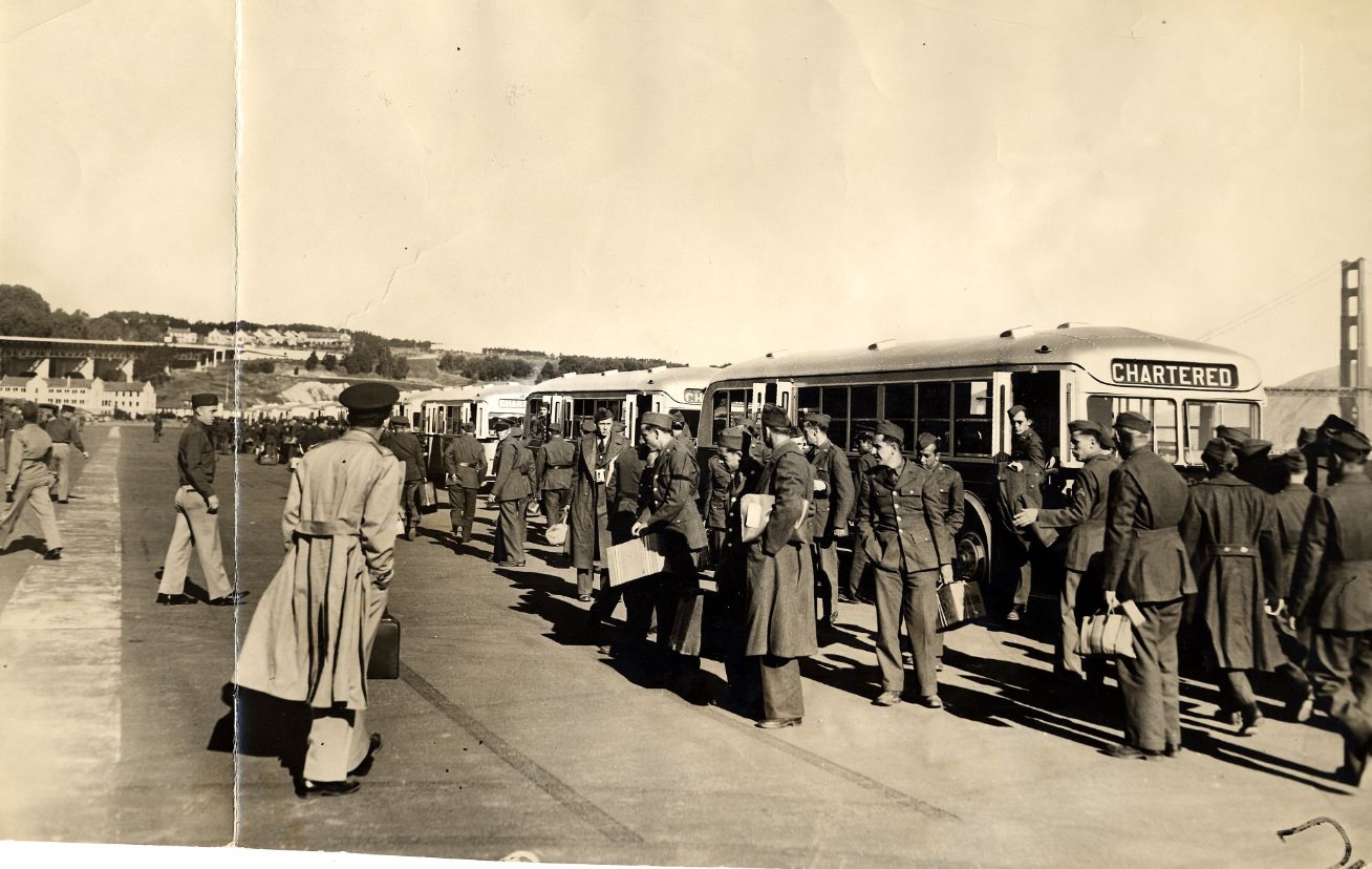#109 Troops arriving by bus to the Presidio, 1941