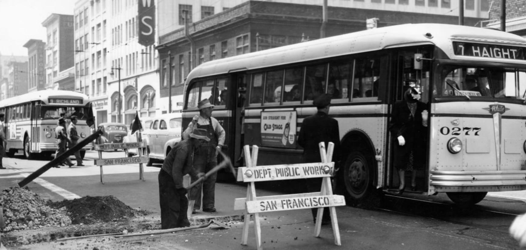 #114 Public Works repair crew at Mission and 4th streets, 1949