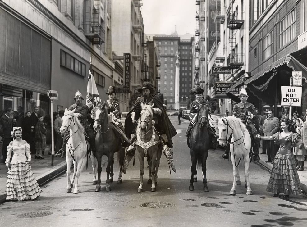 #118 Don Gaspar De Portola and group on horses on Maiden Lane, 1948