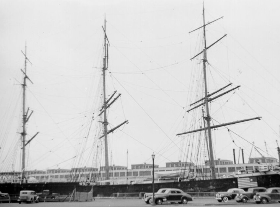 #119 Sailing ship at a San Francisco pier, 1940s