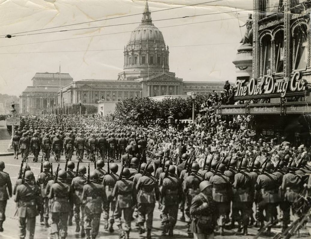 #131 U.S. Army troops parading toward City Hall, 1945