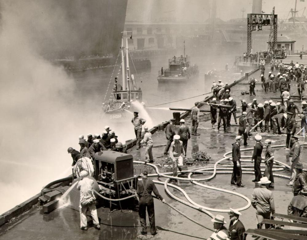 #147 Coast Guard fighting a fire at the San Francisco waterfront, 1944