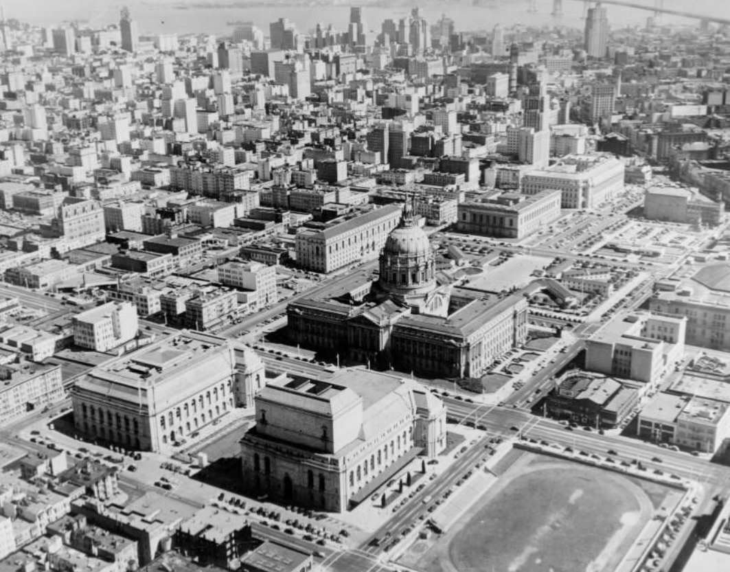 #163 Aerial view of the Civic Center, 1945