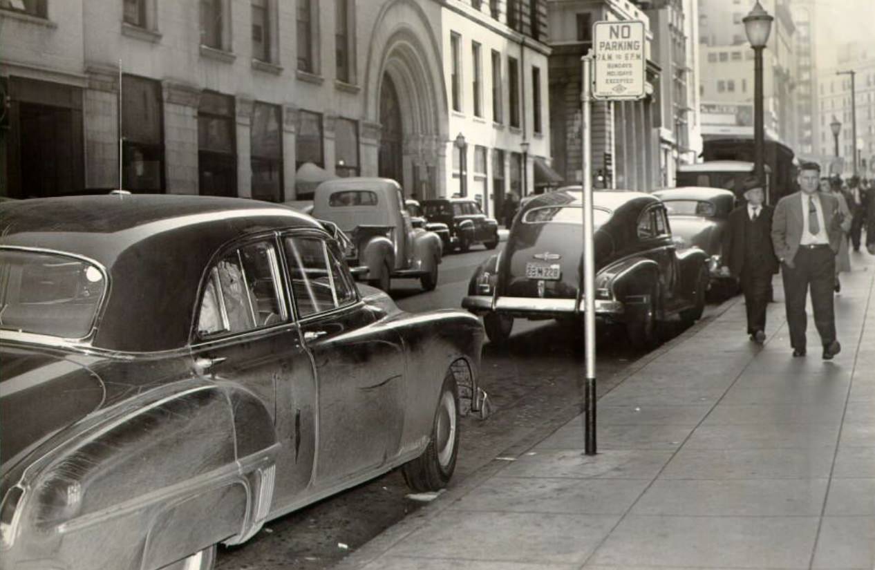 #181 No Parking sign on Montgomery looking up from Pine Street, 1949