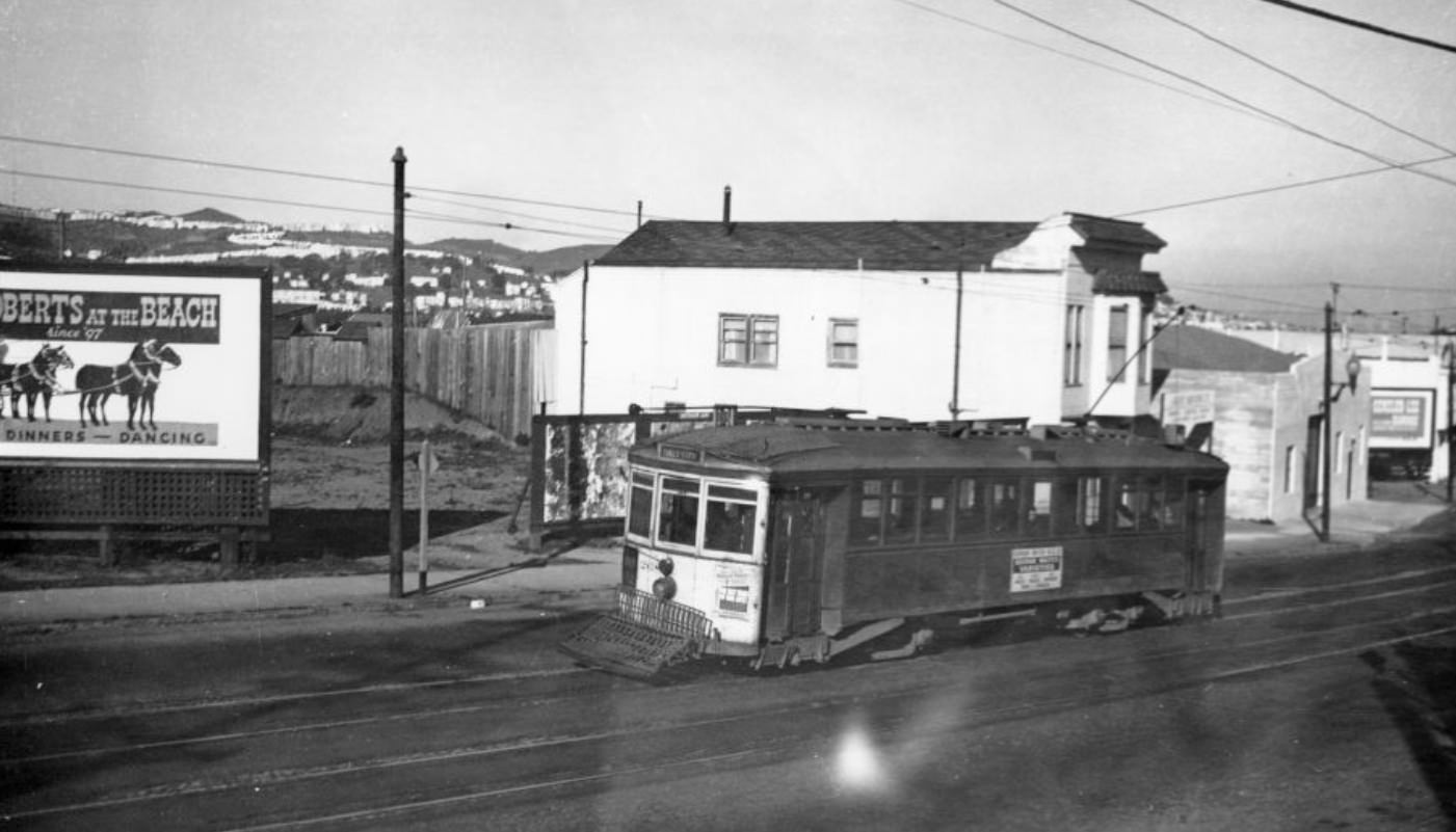 #211 Streetcar on Mission Street near Daly City, 1948 or 1949