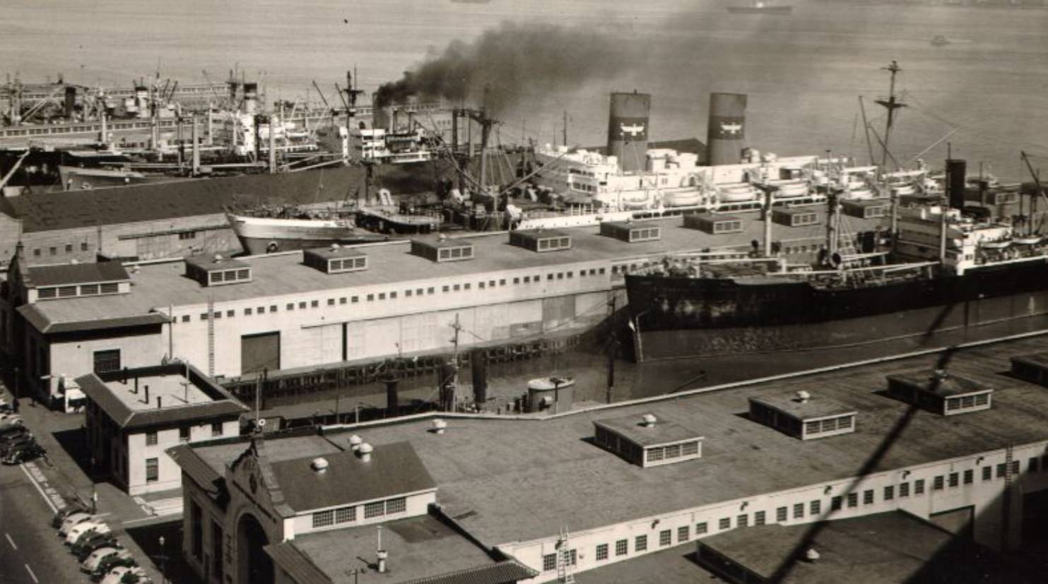 #11 View of ships docked at San Francisco piers, looking north from the Bay Bridge, 1946
