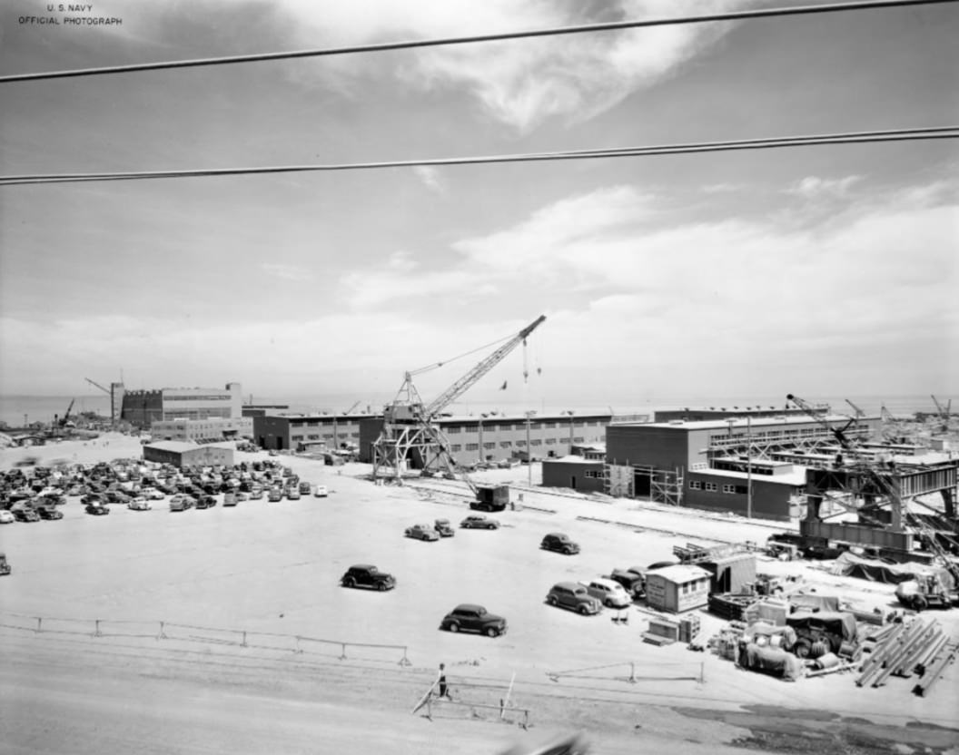 #52 View of new shops and cranes under construction at Hunters Point Naval Drydocks, 1943