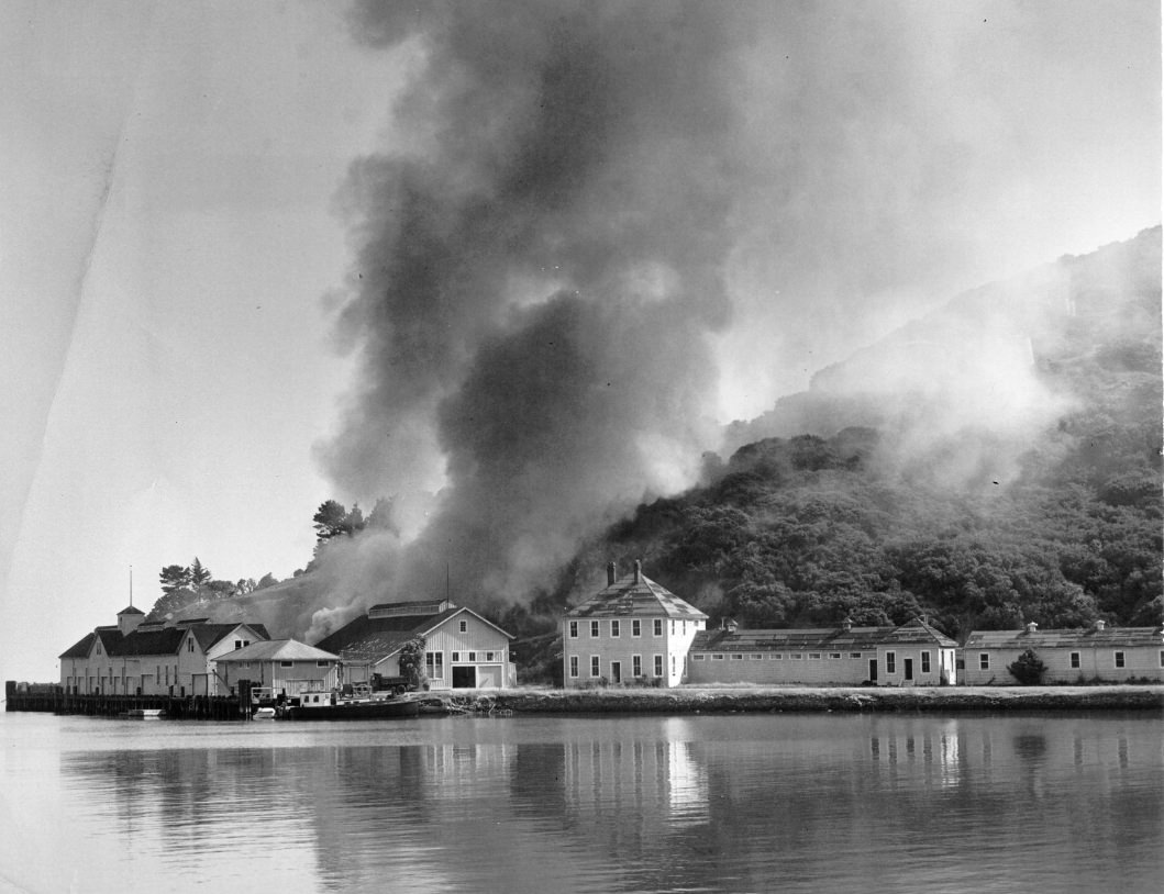 #230 Intentional fire destroying buildings on Angel Island, 1940s