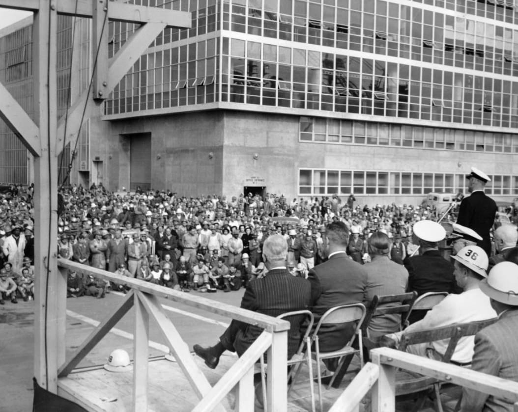 #235 Rear Admiral Lynde D. McCormick addressing workers at Hunters Point Naval Shipyard, 1949